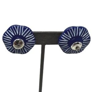 Vintage Clip on Earrings Blue‎ White Striped Button Silver Button Center